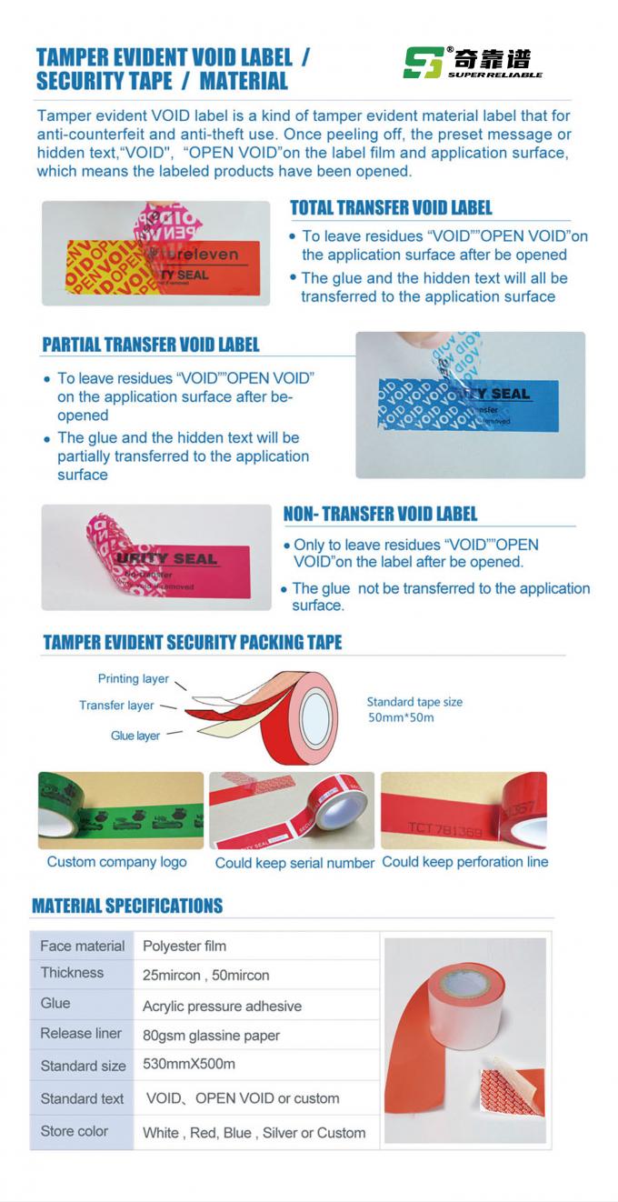 Adhesive VOID Label Material Patrial Transfer Total Transfer